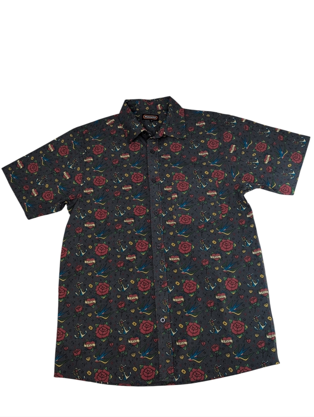 Run & Fly Shirt, Button Up, Love Birds Roses Anchors, Men's Medium